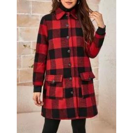 Red And Black Plaid Patch Pocket Coat