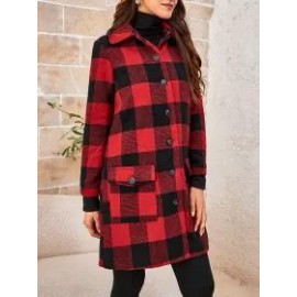 Red And Black Plaid Patch Pocket Coat