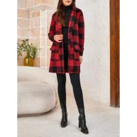 Red And Black Plaid Patch Pocket Coat