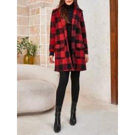 Red And Black Plaid Patch Pocket Coat