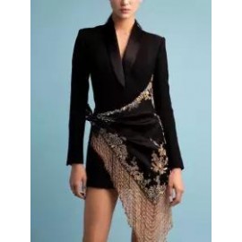 Women's Fashionable Floral Embroidery Tassel Hem Design Cross Suit