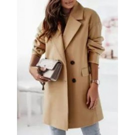 Lapel Plain Flap Pocket Double Breasted Woolen Coat