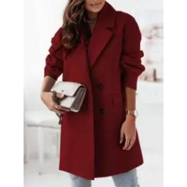Lapel Plain Flap Pocket Double Breasted Woolen Coat