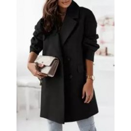 Lapel Plain Flap Pocket Double Breasted Woolen Coat