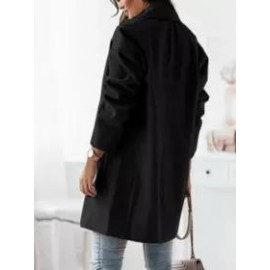 Lapel Plain Flap Pocket Double Breasted Woolen Coat