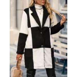 Mid Length Plaid Colorblock Suit Collar Plush Jacket