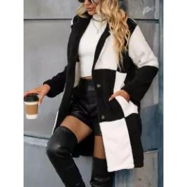Mid Length Plaid Colorblock Suit Collar Plush Jacket
