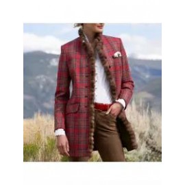 Women's Stand Collar Frayed Plaid Woolen Coat