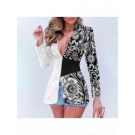 Trendy Black And White Floral Print Waist Blazer