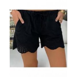 Casual Elastic Waist Drawstring Hollow Pattern Short Pant