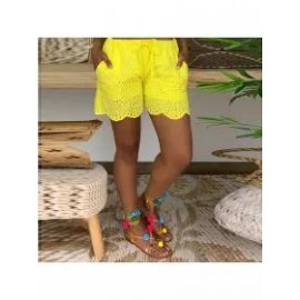 Casual Elastic Waist Drawstring Hollow Pattern Short Pant