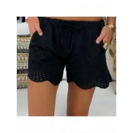 Casual Elastic Waist Drawstring Hollow Pattern Short Pant