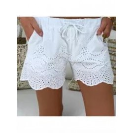 Casual Elastic Waist Drawstring Hollow Pattern Short Pant