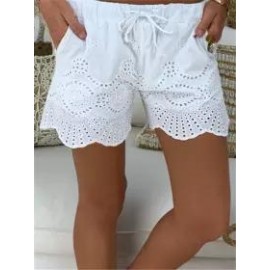 Casual Elastic Waist Drawstring Hollow Pattern Short Pant