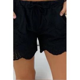 Casual Elastic Waist Drawstring Hollow Pattern Short Pant