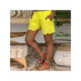 Casual Elastic Waist Drawstring Hollow Pattern Short Pant