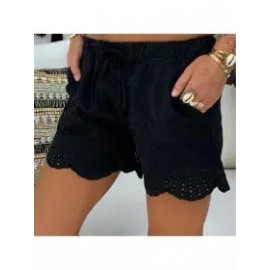 Casual Elastic Waist Drawstring Hollow Pattern Short Pant