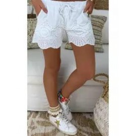 Casual Elastic Waist Drawstring Hollow Pattern Short Pant