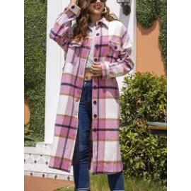 Ladies Classic Plaid Lapel Pocket Long Jacket