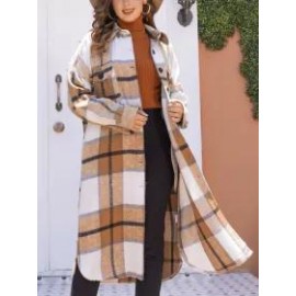 Ladies Classic Plaid Lapel Pocket Long Jacket