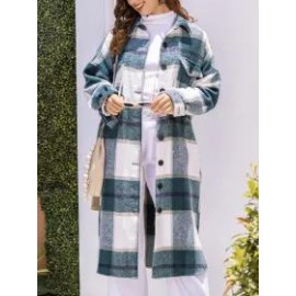 Ladies Classic Plaid Lapel Pocket Long Jacket