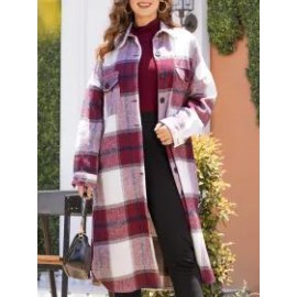 Ladies Classic Plaid Lapel Pocket Long Jacket