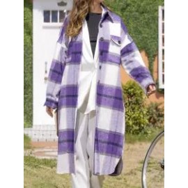 Ladies Classic Plaid Lapel Pocket Long Jacket