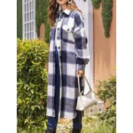 Ladies Classic Plaid Lapel Pocket Long Jacket