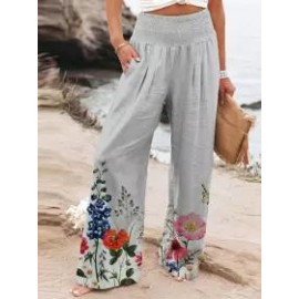 Casual Loose Oil Painting Print Elastic Waist Pants