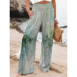 Casual Loose Oil Painting Print Elastic Waist Pants