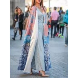 Women's Fashion Retro Printed Red And Blue Patchwork Casual Cardigan