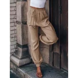 Women's Linen Drawstring Loose Fit Commuter High Waist Pants Casual Bloomers