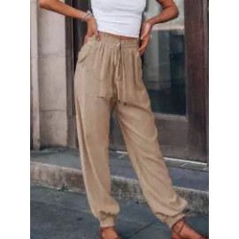 Women's Linen Drawstring Loose Fit Commuter High Waist Pants Casual Bloomers