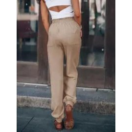 Women's Linen Drawstring Loose Fit Commuter High Waist Pants Casual Bloomers
