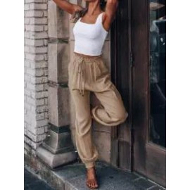 Women's Linen Drawstring Loose Fit Commuter High Waist Pants Casual Bloomers