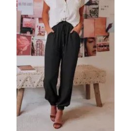 Women's Linen Drawstring Loose Fit Commuter High Waist Pants Casual Bloomers
