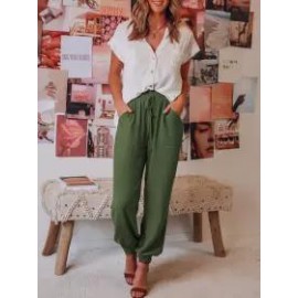 Women's Linen Drawstring Loose Fit Commuter High Waist Pants Casual Bloomers
