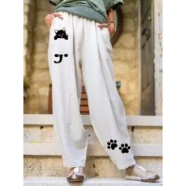 Ladies Fashion Cat Print Casual Loose Pants