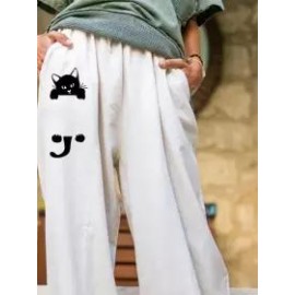 Ladies Fashion Cat Print Casual Loose Pants