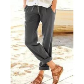 Women's high waist loose casual belt elastic waist cotton linen pants