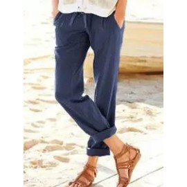 Women's high waist loose casual belt elastic waist cotton linen pants