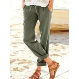 Women's high waist loose casual belt elastic waist cotton linen pants