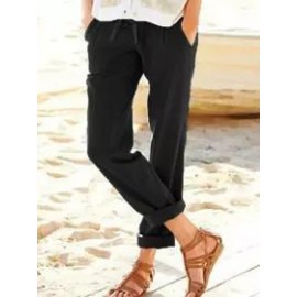 Women's high waist loose casual belt elastic waist cotton linen pants