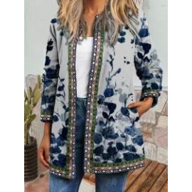 Round Neck Ethnic Print Casual Loose Jacket