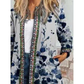 Round Neck Ethnic Print Casual Loose Jacket