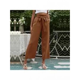Solid Color High Waist Belt Wide Leg Pants