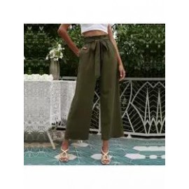 Solid Color High Waist Belt Wide Leg Pants
