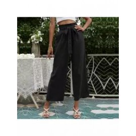Solid Color High Waist Belt Wide Leg Pants