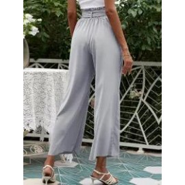 Solid Color High Waist Belt Wide Leg Pants