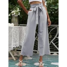 Solid Color High Waist Belt Wide Leg Pants